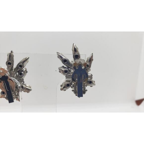 Vintage Earrings Rhinestone Smokey Topaz & Clear Flower 1950s Clip On - Picture 6 of 10